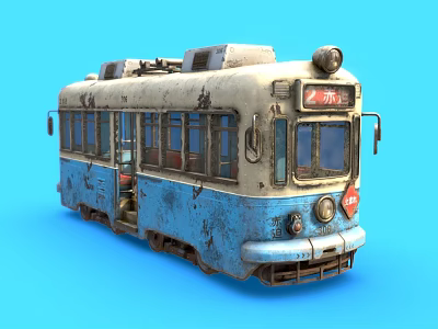 Vintage Blue White Tram With Rusty Exterior 305 Sign And Headlights 3d model