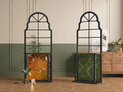 Arched Top Glass Panel Room Dividers With Metal Frames Colored Panels And Indoor Plants 3d model