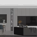 Modern Living and Dining Room Interior With Grey Sofa TV Wall Dining Table And Plants