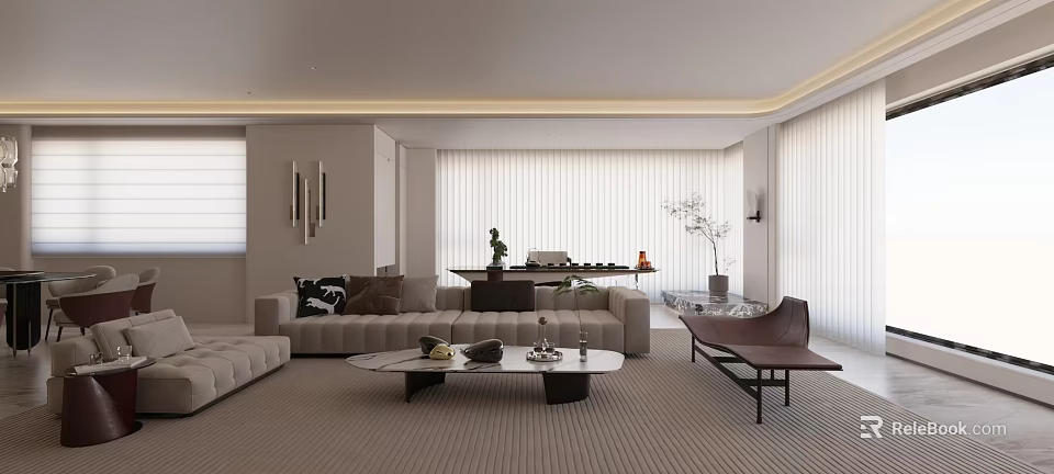 Modern Minimalist Beige Sofa Combination With Marble Coffee Table For Bright Cozy Elegant Living Room 3d model 