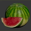Fresh Whole Watermelon With Red Flesh And Green Striped Slices On Gray Background