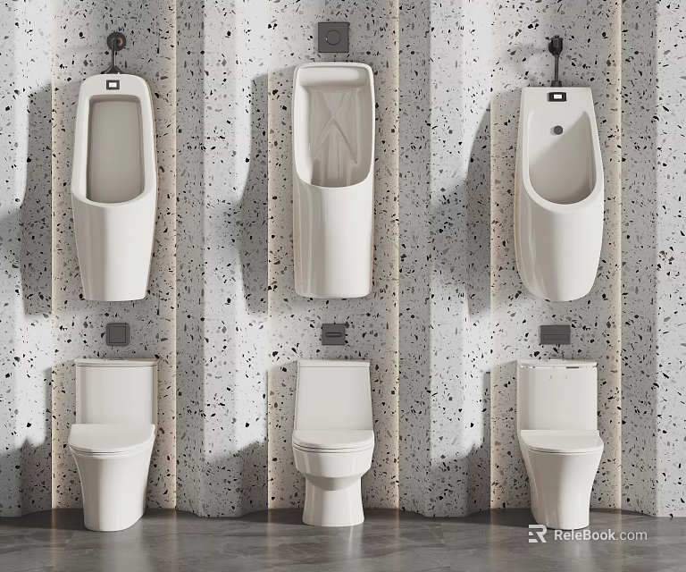 Modern Toilet Display With Wall Mounted Urinals And Commodes On Spotted Texture Bathroom Wall 3d model 