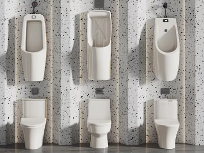 Modern Toilet Display With Wall Mounted Urinals And Commodes On Spotted Texture Bathroom Wall 3d model