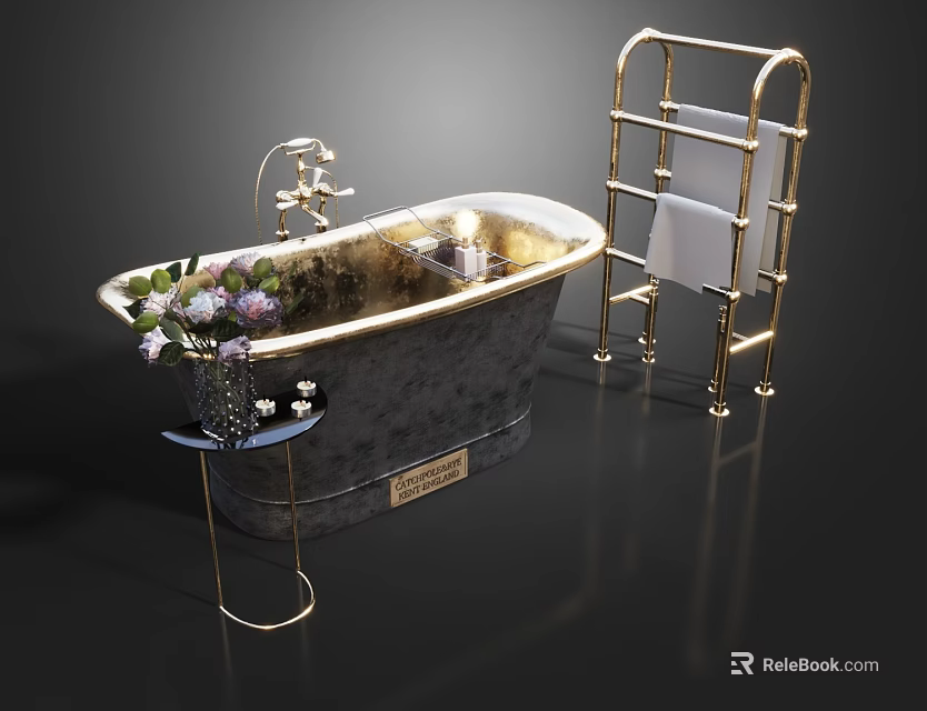 Vintage Black and Gold Bathtub with Gold Towel Rack White Towels and Flower Arrangement 3d model 