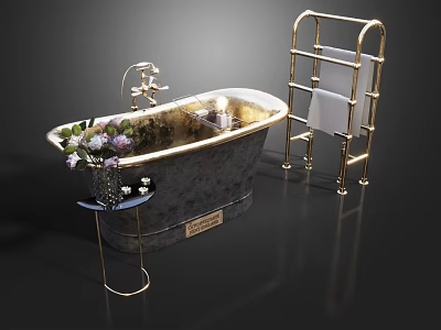 Vintage Black and Gold Bathtub with Gold Towel Rack White Towels and Flower Arrangement 3d model