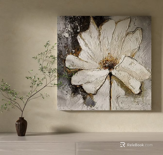 White Flower Painting On Beige Wall With Green Branch Vase Decoration 3d model 