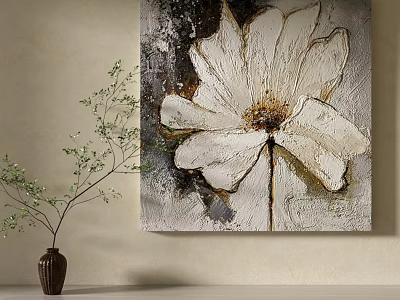 White Flower Painting On Beige Wall With Green Branch Vase Decoration 3d model