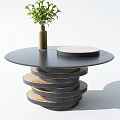 Modern Stylish Coffee Tables With Stacked Design Wooden Black And Round Shapes With Plants