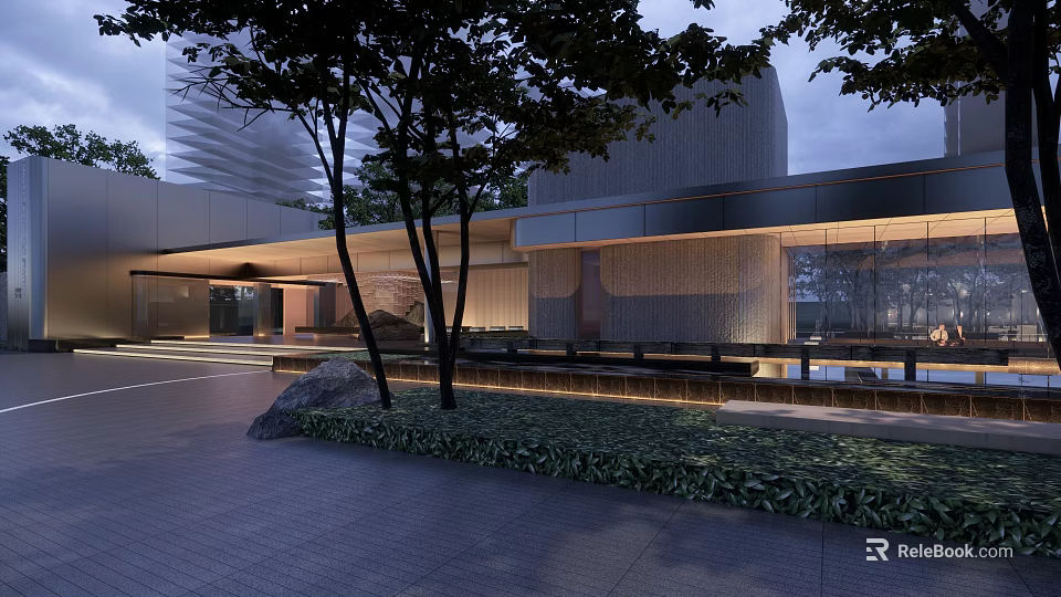 Modern Garden Landscape Design With Trees Stone Pavement Greenery and Lighting 3d model