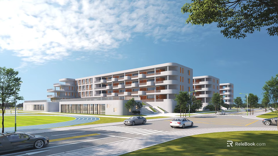 Modern Multi Storey School Building Exterior With Green Lawns Trees Road Cars And Blue Sky 3d model 
