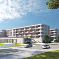 Modern Multi Storey School Building Exterior With Green Lawns Trees Road Cars And Blue Sky