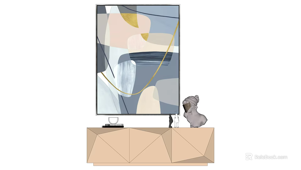 Modern Geometric TV Cabinet With Abstract Painting And Dog Figurine 3d model 