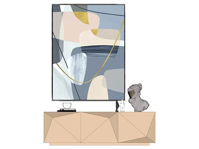 Modern Geometric TV Cabinet With Abstract Painting And Dog Figurine 3d model