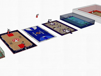 Indoor Basketball Court Design With Multiple Flooring Layouts And Basketball Hoops 3d model