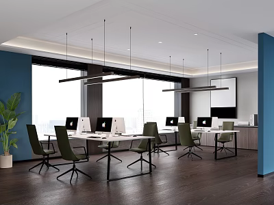 Modern Public Office Space Featuring Blue Walls Large Windows White Desks Green Chairs And Plants 3d model