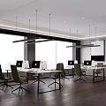 Modern Public Office Space Featuring Blue Walls Large Windows White Desks Green Chairs And Plants