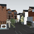 Modern Commercial Street With Buildings Greenery Shop Fronts And Pedestrian Areas