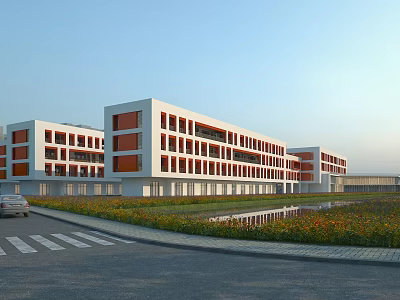 Modern School Building With White Orange Facade Large Windows And Green Lawn Area 3d model