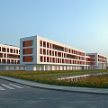 Modern School Building With White Orange Facade Large Windows And Green Lawn Area