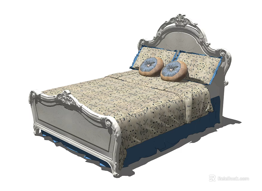Classic European Double Bed With Carved Headboard Floral Bedspread And Decorative Pillows 3d model 