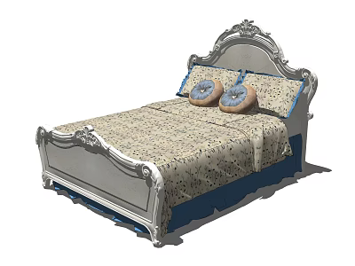 Classic European Double Bed With Carved Headboard Floral Bedspread And Decorative Pillows 3d model