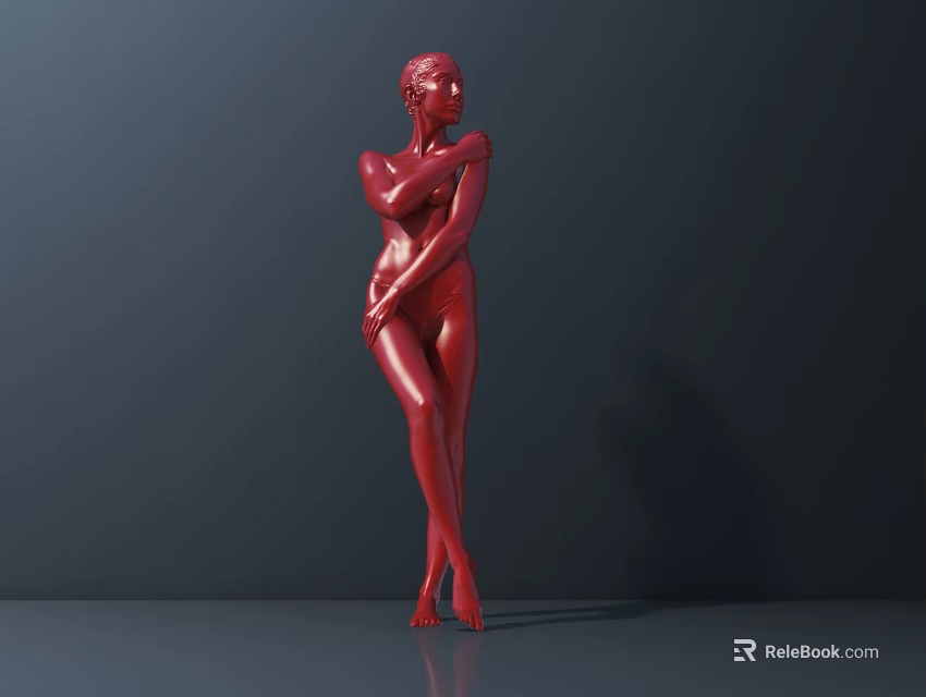 Red Human Sculpture Standing Pose With Smooth Surface Dark Background And Gray Floor 3d model