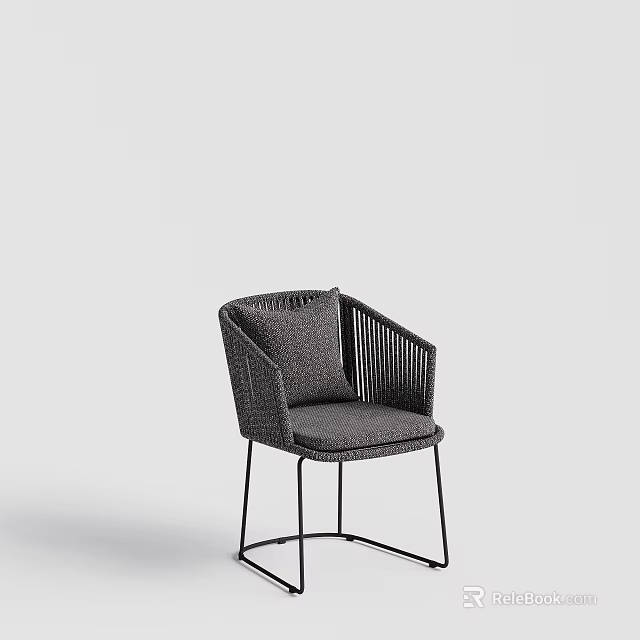 Modern Woven Dining Chair With Armrest Upholstered Seat And Black Metal Legs 3d model 
