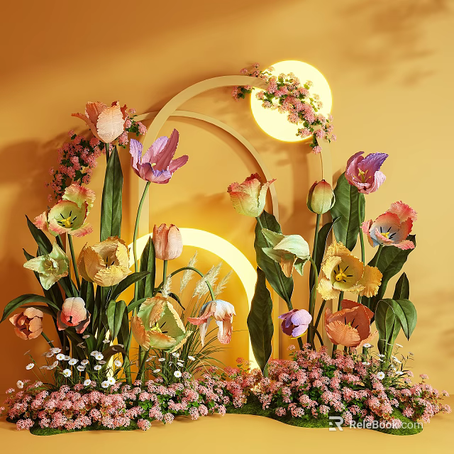 Colorful Tulips And Flowers Photo Check In Spot With Arched Structure Round Lights Yellow Wall 3d model 