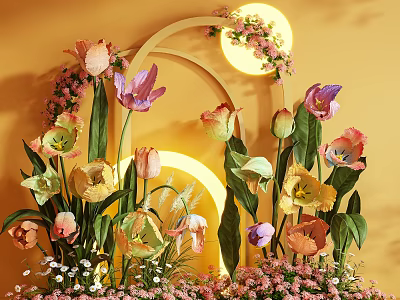 Colorful Tulips And Flowers Photo Check In Spot With Arched Structure Round Lights Yellow Wall 3d model