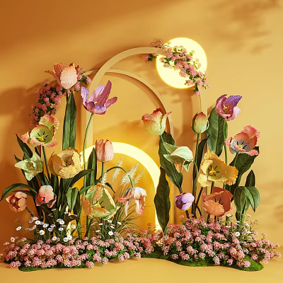 Colorful Tulips And Flowers Photo Check In Spot With Arched Structure Round Lights Yellow Wall 3d model