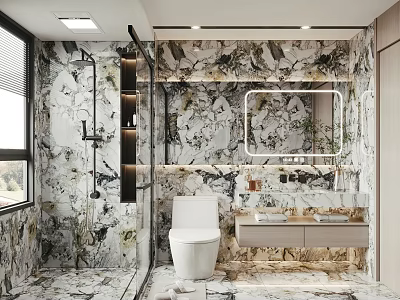 Modern Bathroom Interior With Marble Walls Shower Area Toilet And Double Sinks Mirror 3d model