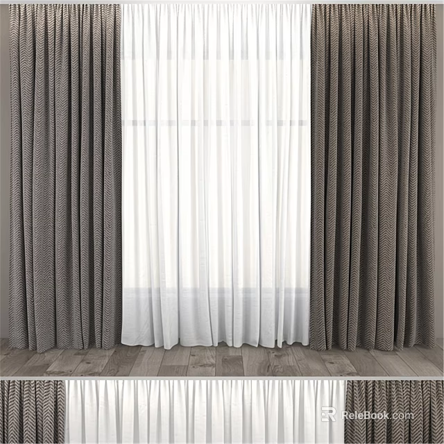 Gray Curtains With White Sheer Panels For Home Window Interior Design 3d model 