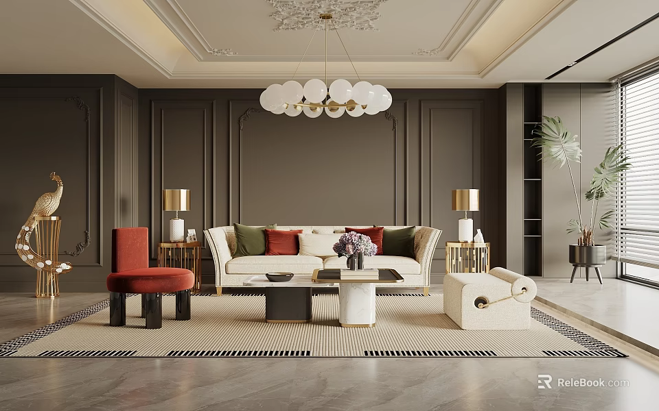 Elegant Modern Living Room Interior With Beige Sofa Chandelier And Area Rug 3d model 