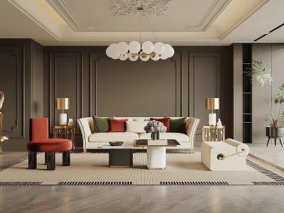 Elegant Modern Living Room Interior With Beige Sofa Chandelier And Area Rug 3d model