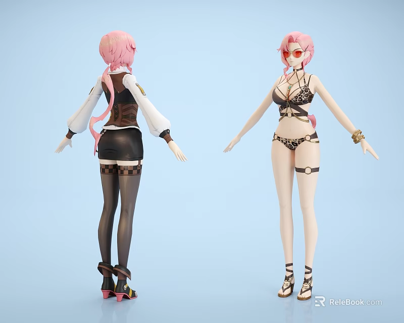 Game Movie Character With Pink Hair Front Back View White Top Black Skirt Bikini Outfit 3d model 