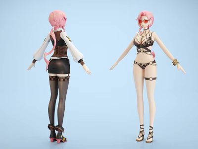 Game Movie Character With Pink Hair Front Back View White Top Black Skirt Bikini Outfit 3d model