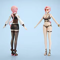 Game Movie Character With Pink Hair Front Back View White Top Black Skirt Bikini Outfit