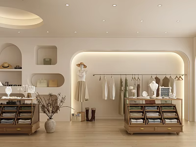 Modern Clothing Store Interior With Hanging Clothes Mannequins Shelves And Recessed Lighting 3d model