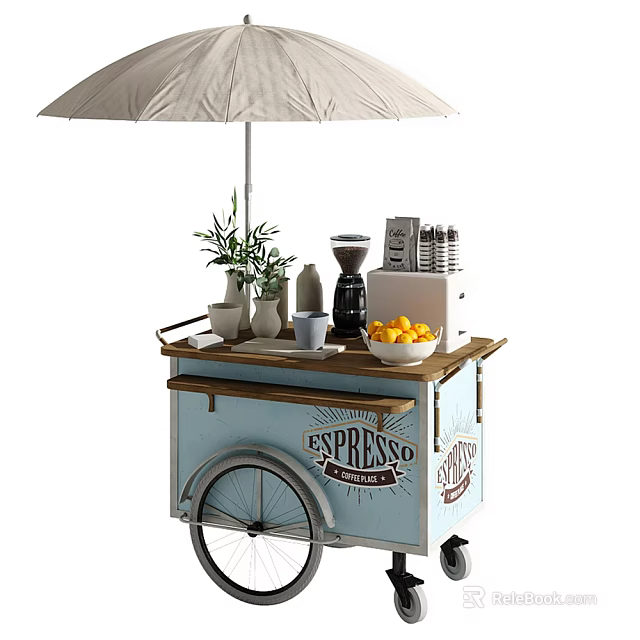 Functional Mobile Coffee Cart With Espresso Setup And Umbrella 3d model