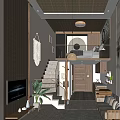 Modern Hotel Room Interior With Staircase Sofa Wall Art And Pendant Light