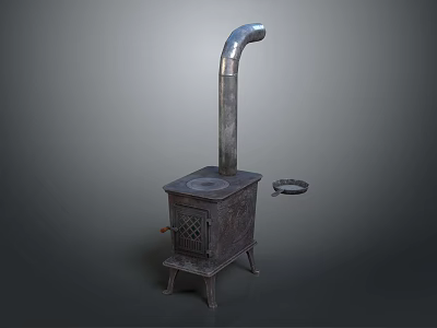 Old Fashioned Cast Iron Stove Featuring Tall Chimney Stove Door And Cooking Surface 3d model