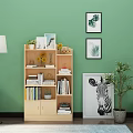 Light Wood Bookcase With Multiple Shelves Books Decorations And Plants Against Green Wall