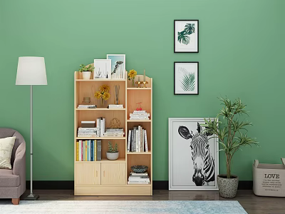 Light Wood Bookcase With Multiple Shelves Books Decorations And Plants Against Green Wall 3d model