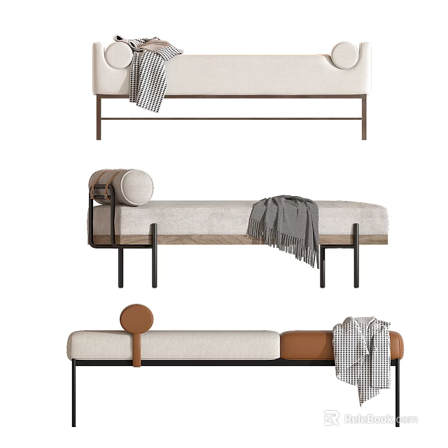 Modern Beige Ottoman Designs With Metal Legs Spliced Details And Decorative Blankets 3d model 