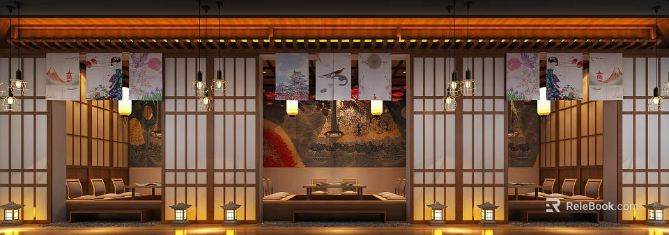 Traditional Japanese Restaurant Interior With Tatami Seating Decorative Screens And Hanging Lanterns 3d model 