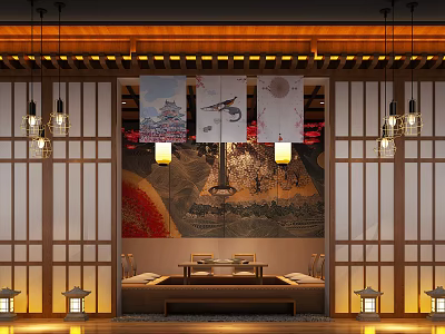 Traditional Japanese Restaurant Interior With Tatami Seating Decorative Screens And Hanging Lanterns 3d model