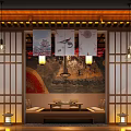 Traditional Japanese Restaurant Interior With Tatami Seating Decorative Screens And Hanging Lanterns