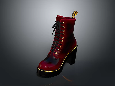 Red Patent Leather Lace Up Ankle Boots With Chunky Heel And Yellow Stitching 3d model