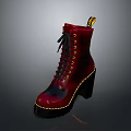 Red Patent Leather Lace Up Ankle Boots With Chunky Heel And Yellow Stitching