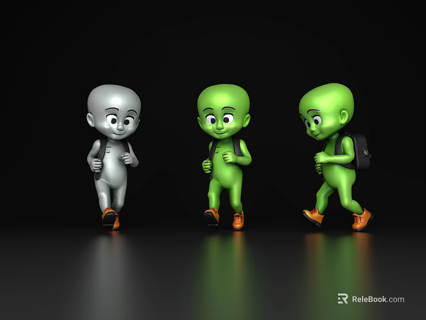 Game Movie Cartoon Characters Silver and Green Walking with Backpacks in Black Scene 3d model 